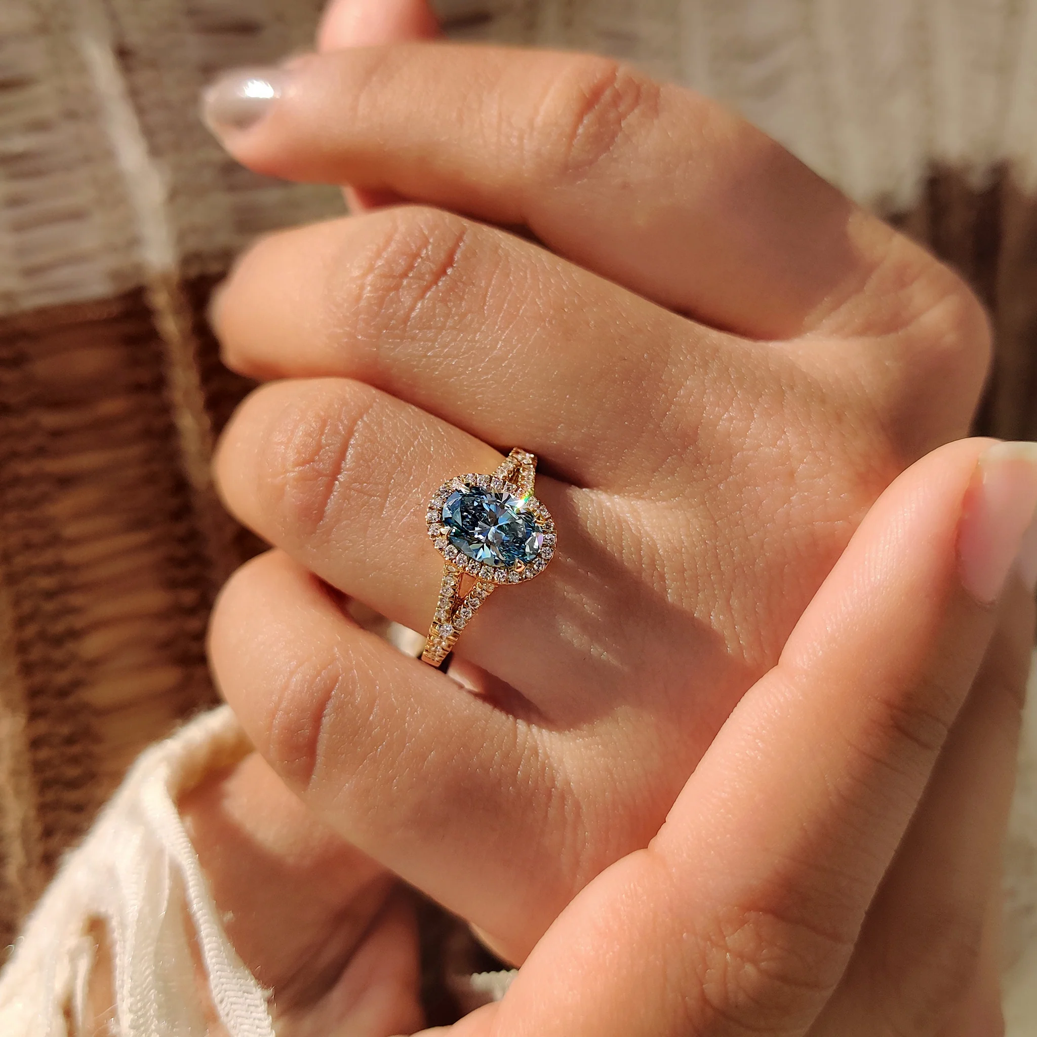 1 - 3 CT Blue Diamond Oval Engagement Ring in Pave Setting - Image 7