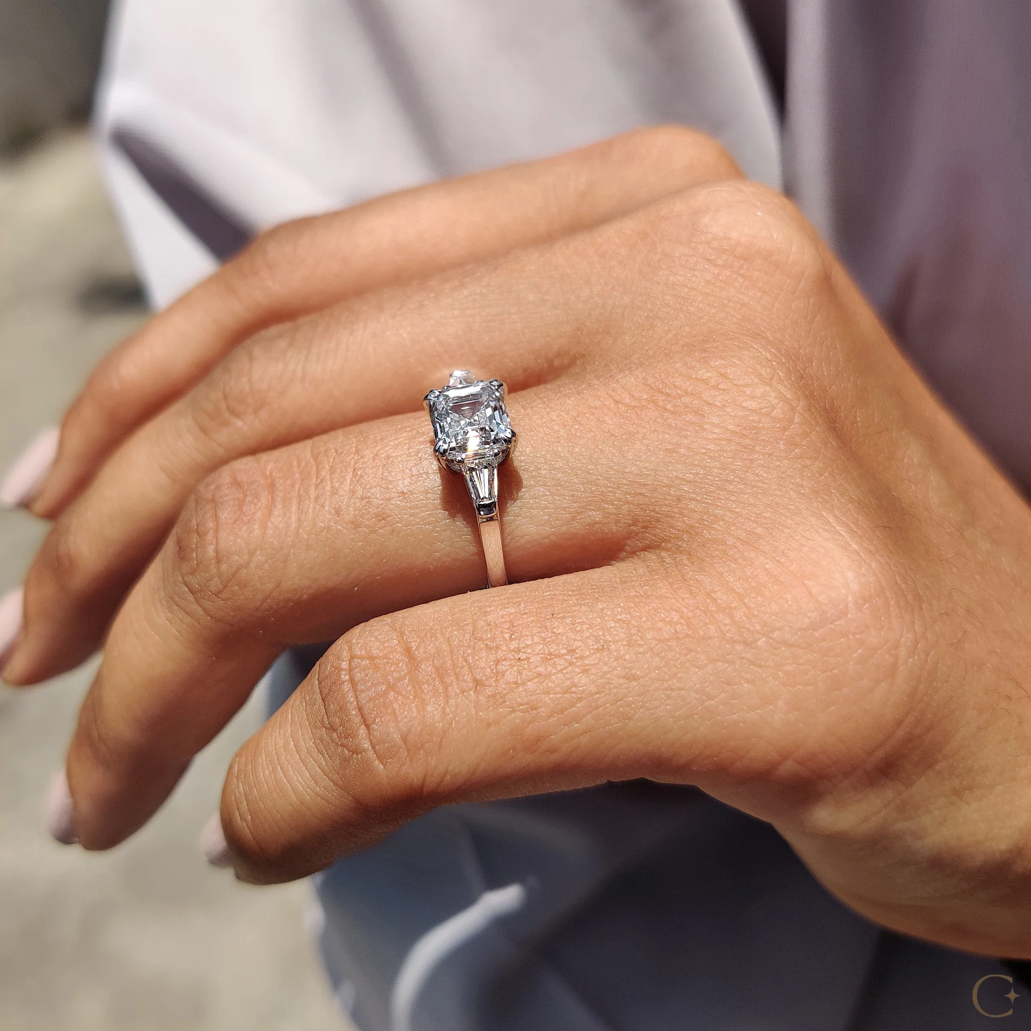 3 Stone Diamond Engagement Ring With Asscher and Baguette - Image 4