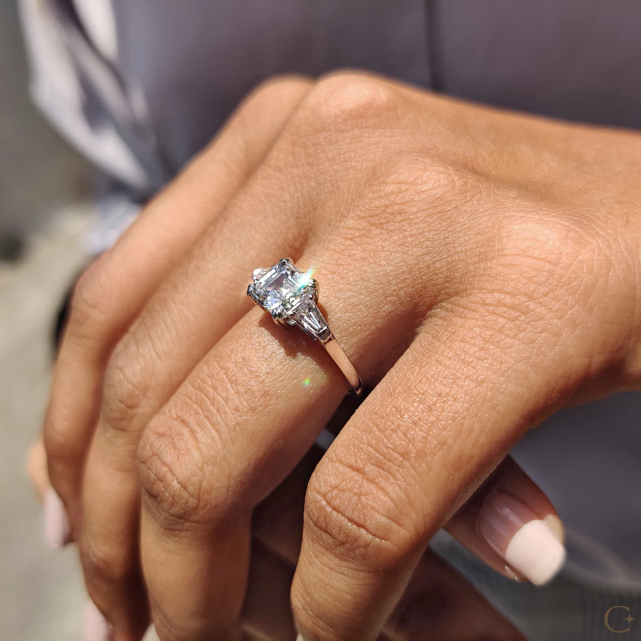 3 Stone Diamond Engagement Ring With Asscher and Baguette - Image 6