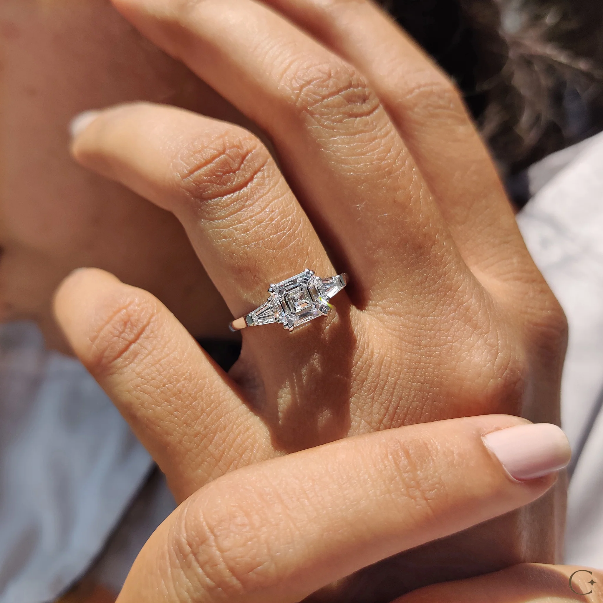 3 Stone Diamond Engagement Ring With Asscher and Baguette - Image 7