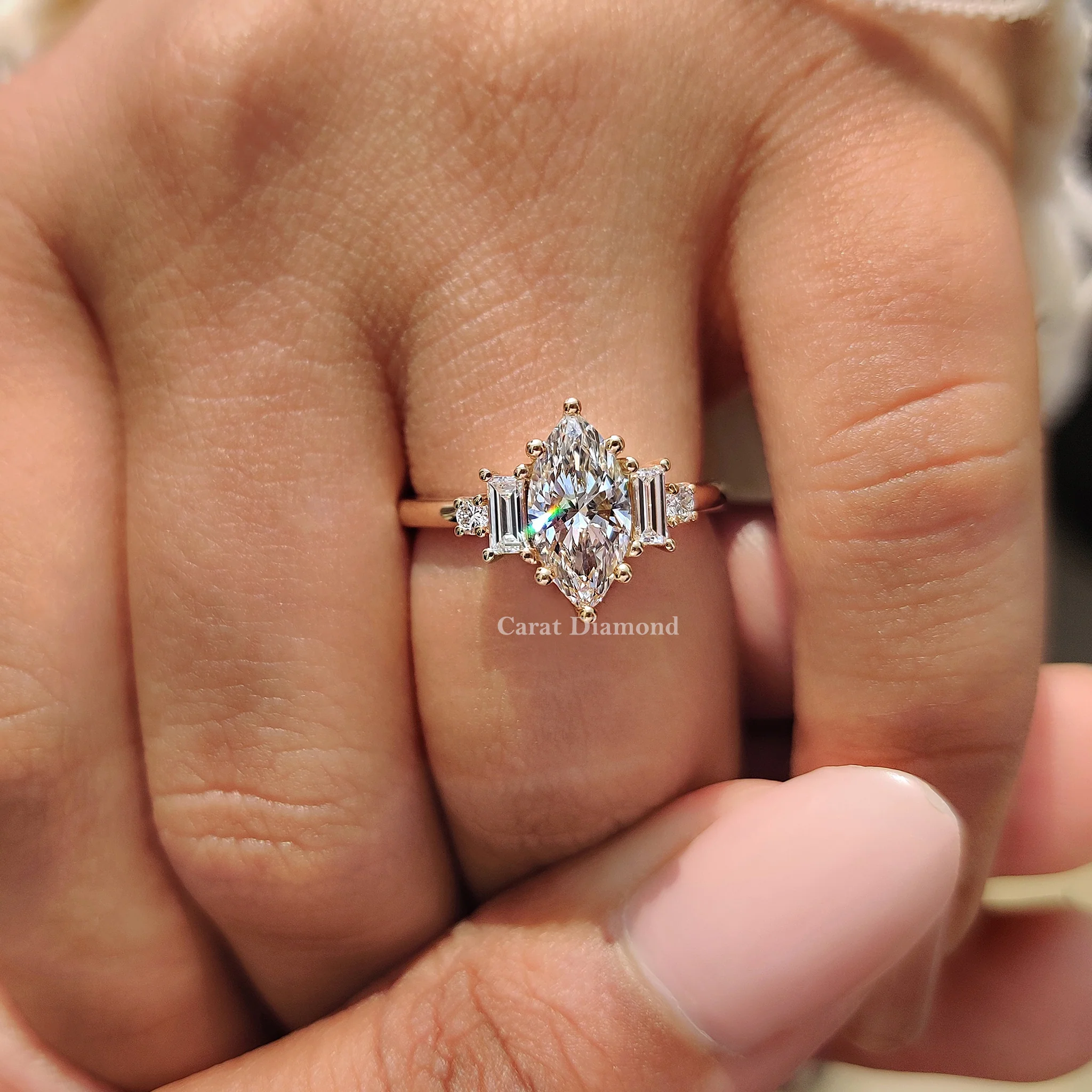 5 Stone Engagement Ring With Two Baguette Side Stone - Image 9