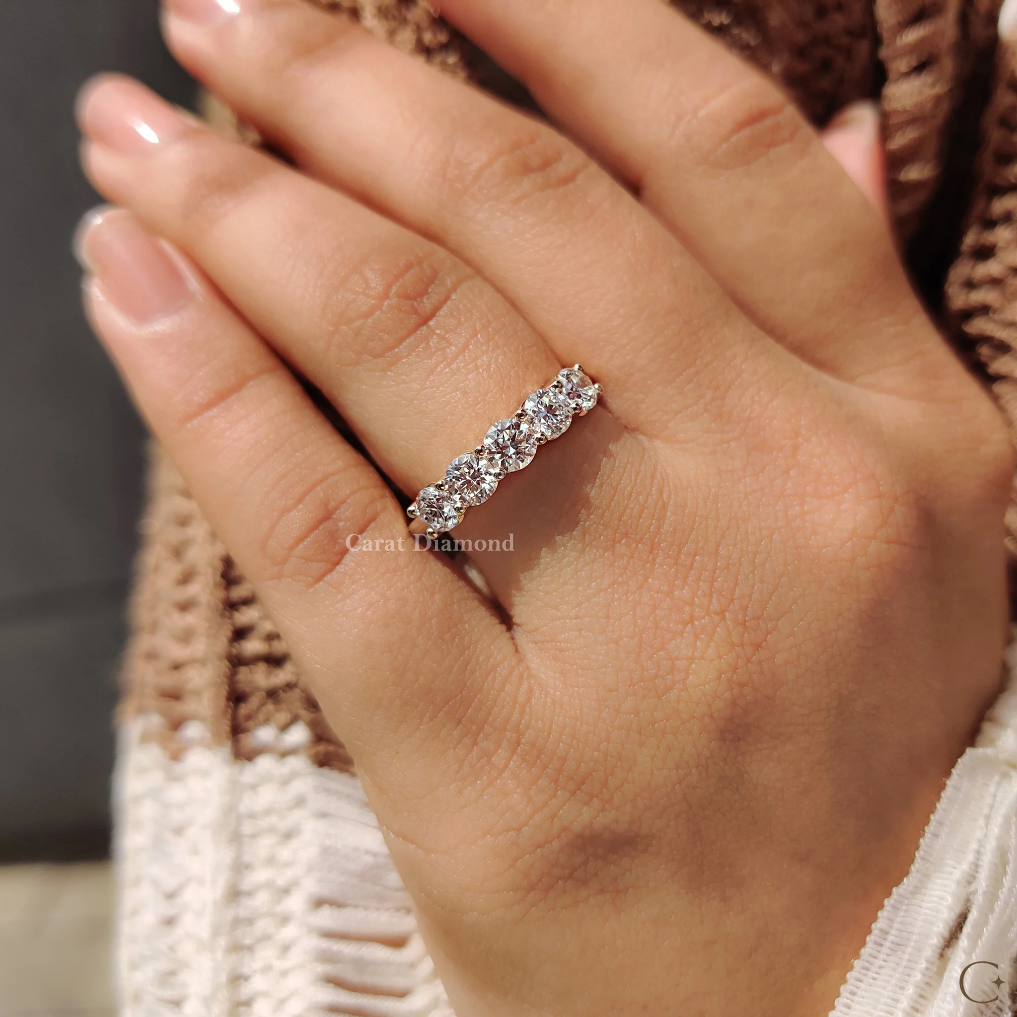 Round Diamond 5 Stone Wedding Band - Image 7