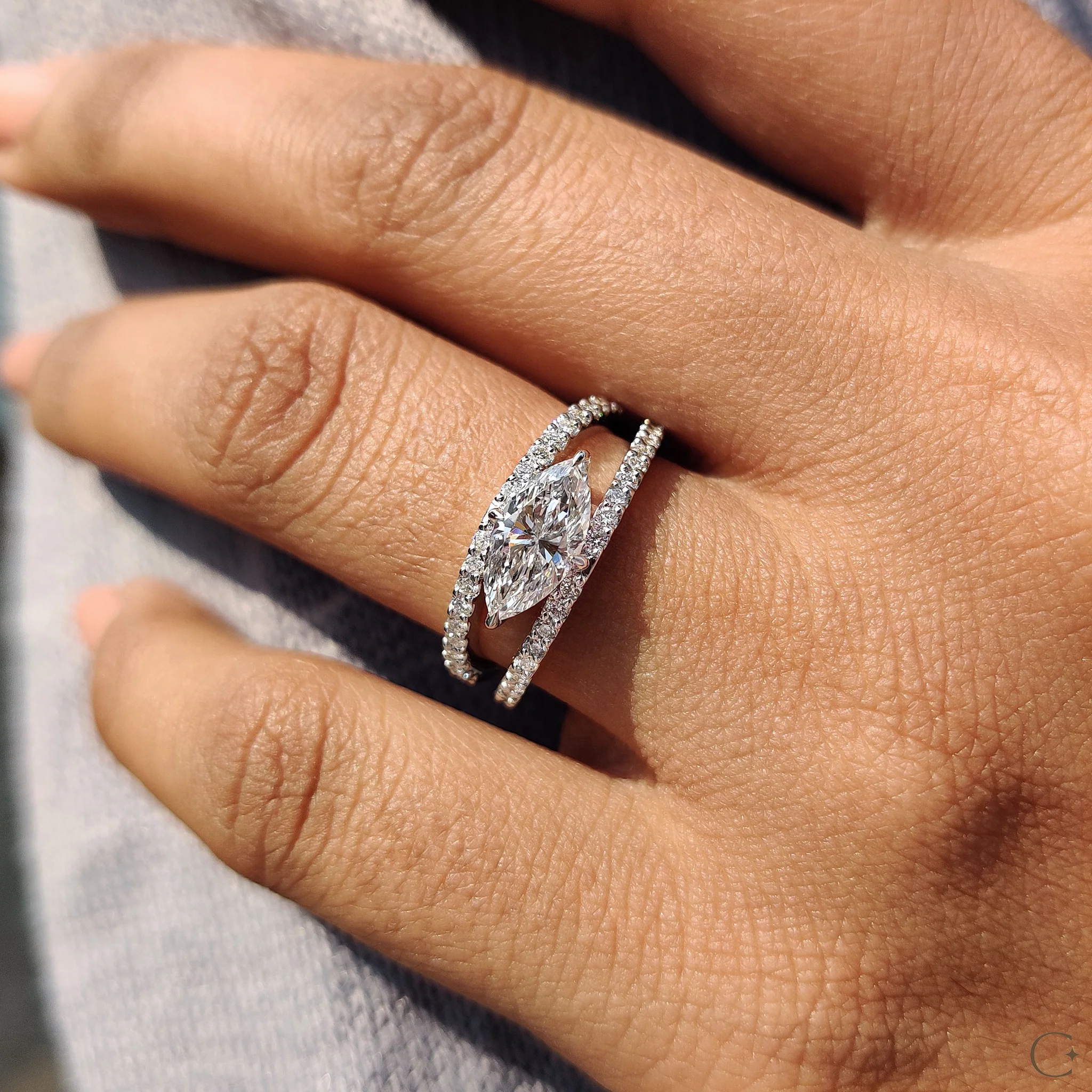 East West Marquise Engagement Ring In Split Shank Style - Image 3