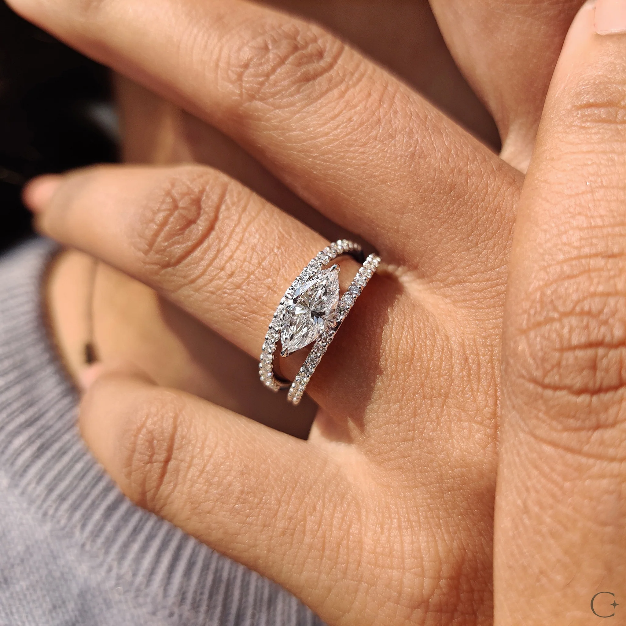 East West Marquise Engagement Ring In Split Shank Style - Image 5