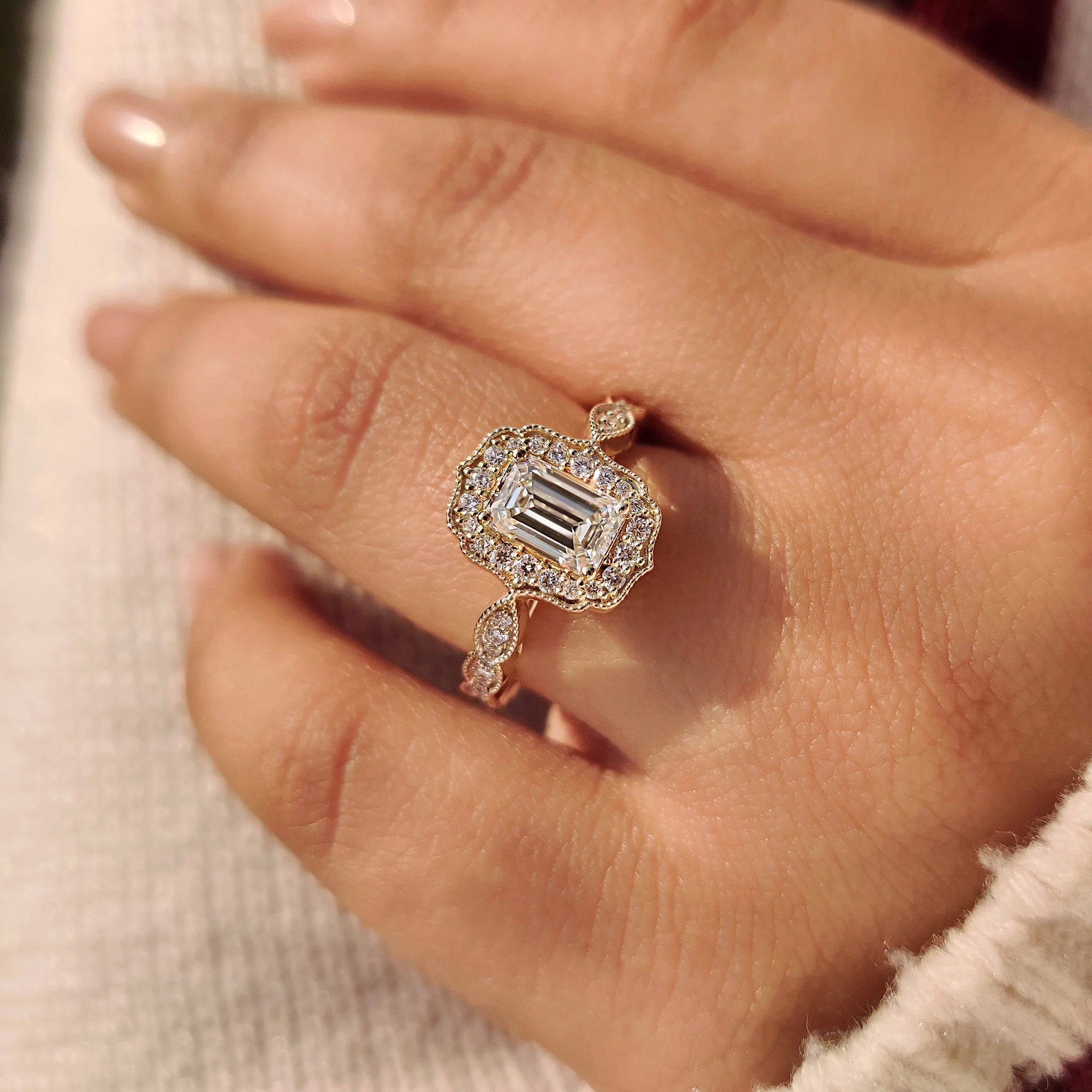 Emerald Cut Diamond Ring in Round Diamond Halo Style - Image 10