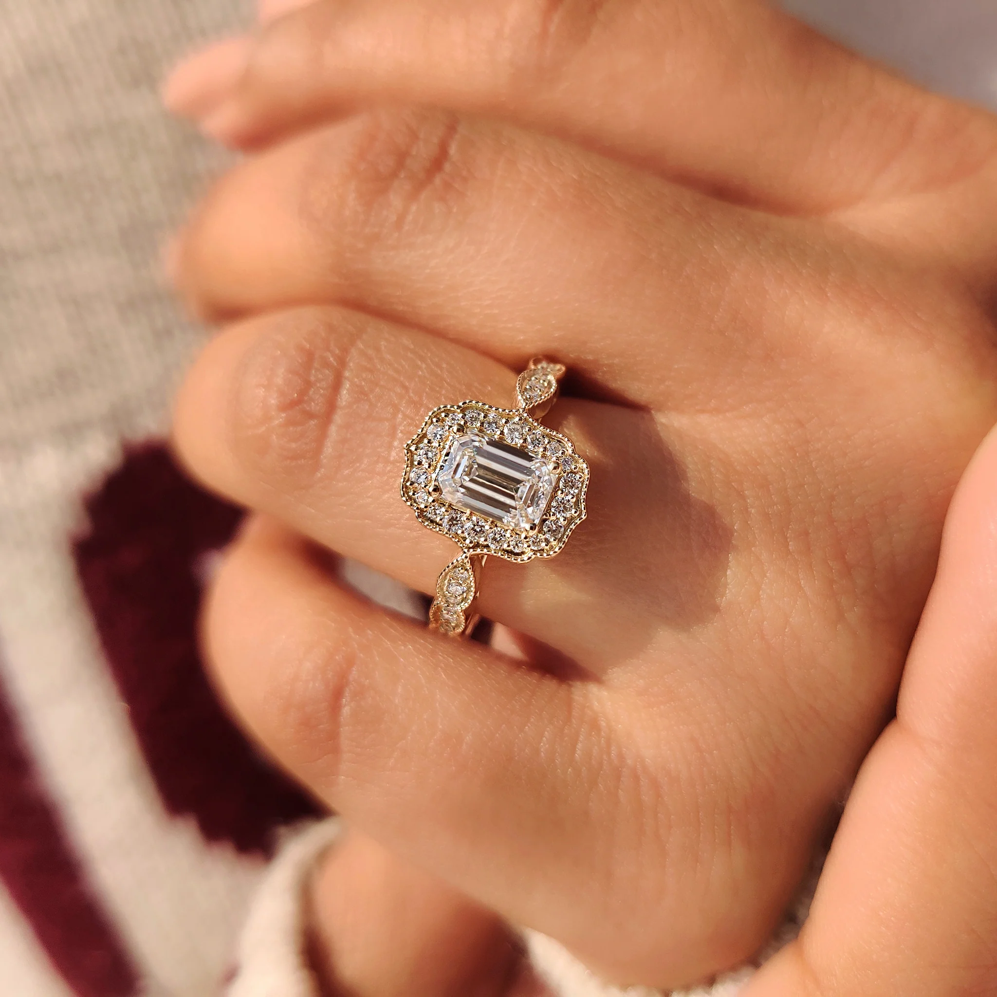 Emerald Cut Diamond Ring in Round Diamond Halo Style - Image 7