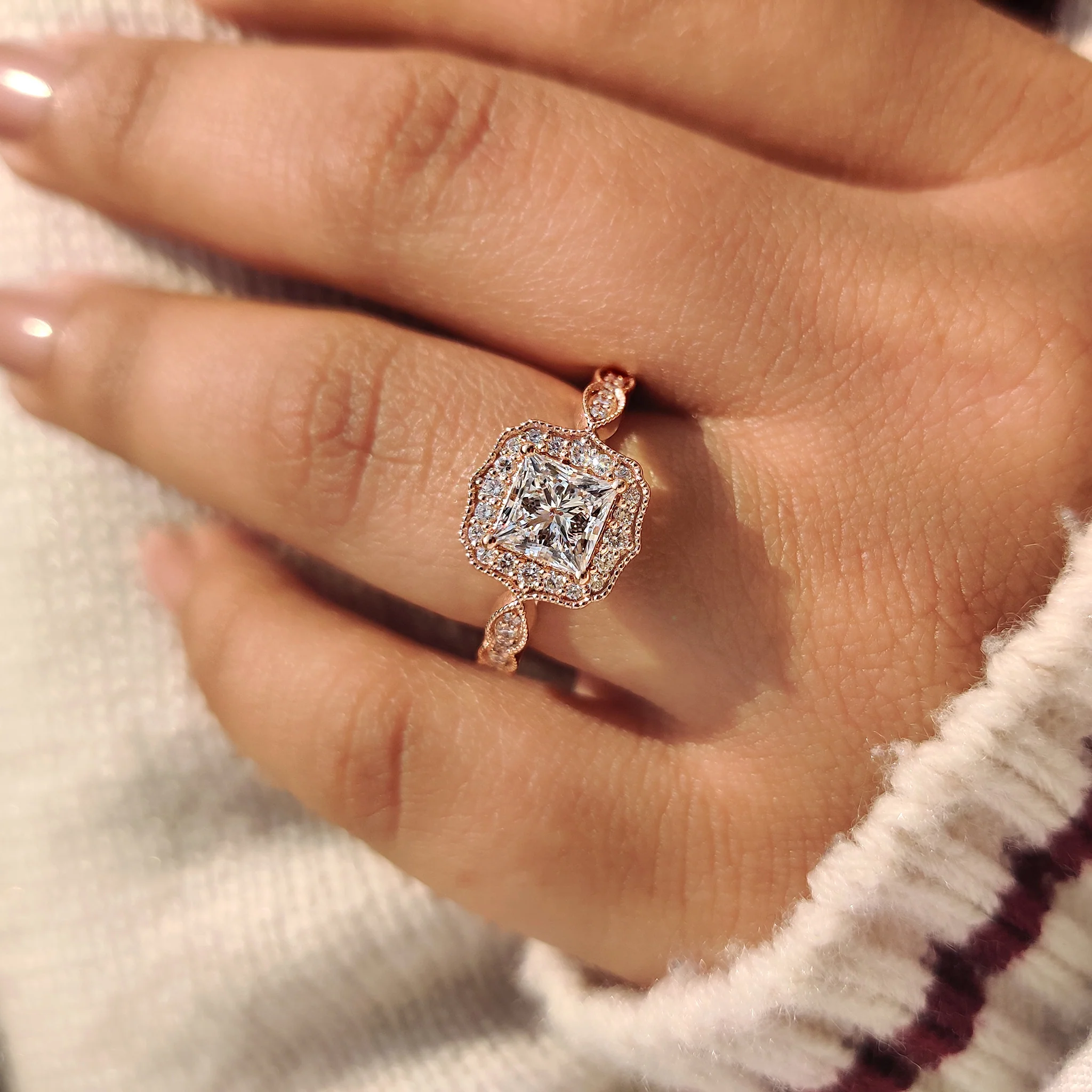 Halo Style Princess Cut Vintage Diamond Engagement Ring - Image 10