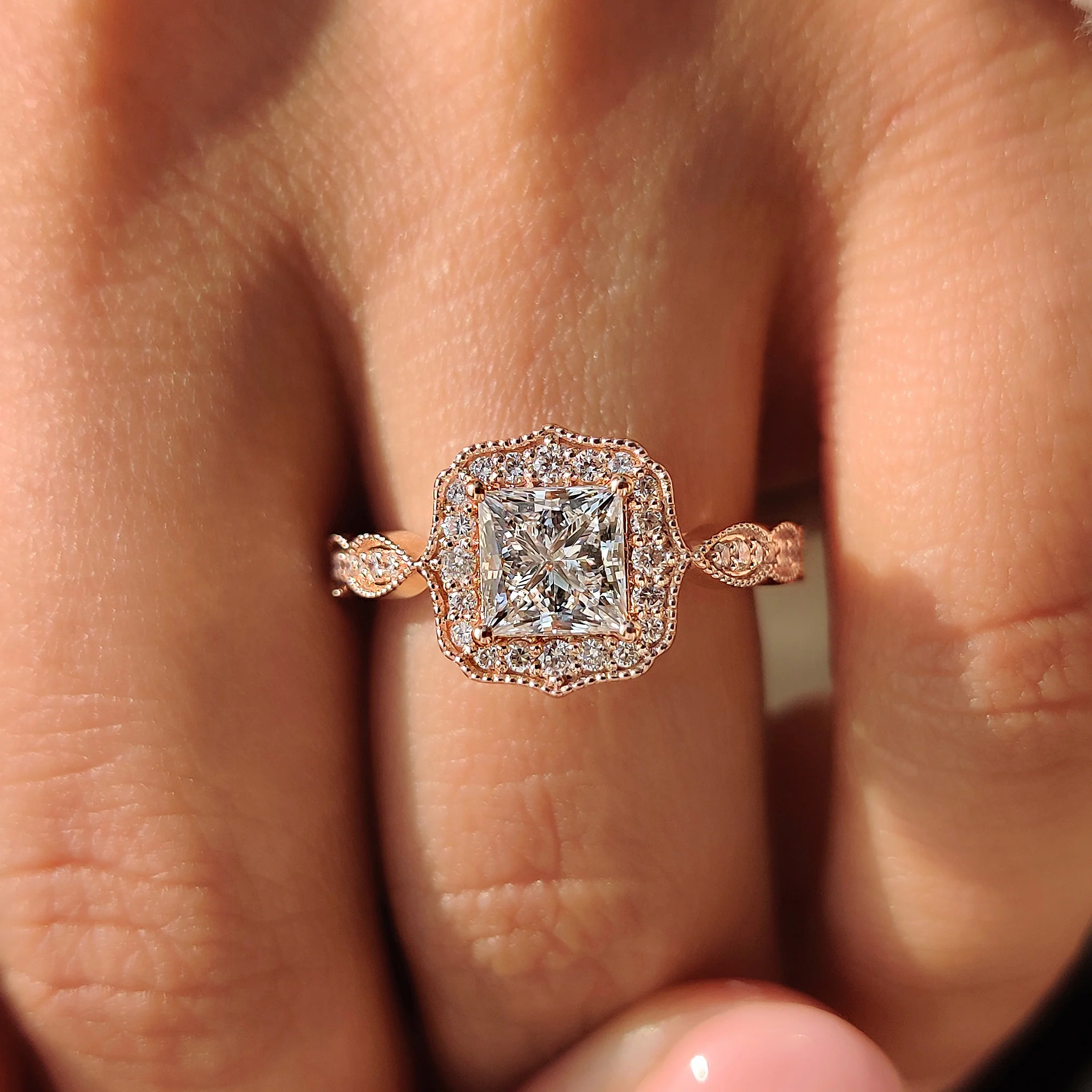 Halo Style Princess Cut Vintage Diamond Engagement Ring - Image 5