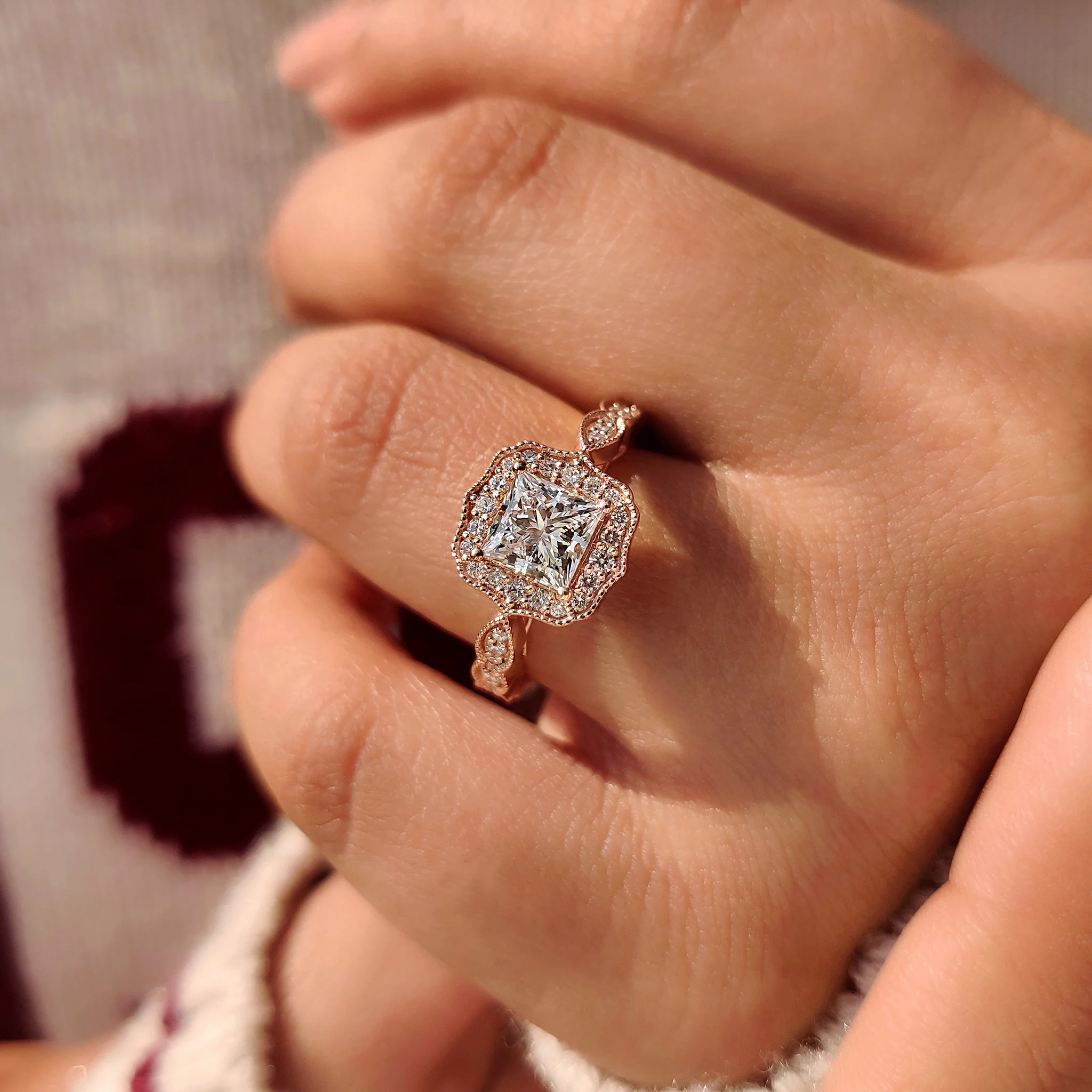 Halo Style Princess Cut Vintage Diamond Engagement Ring - Image 7