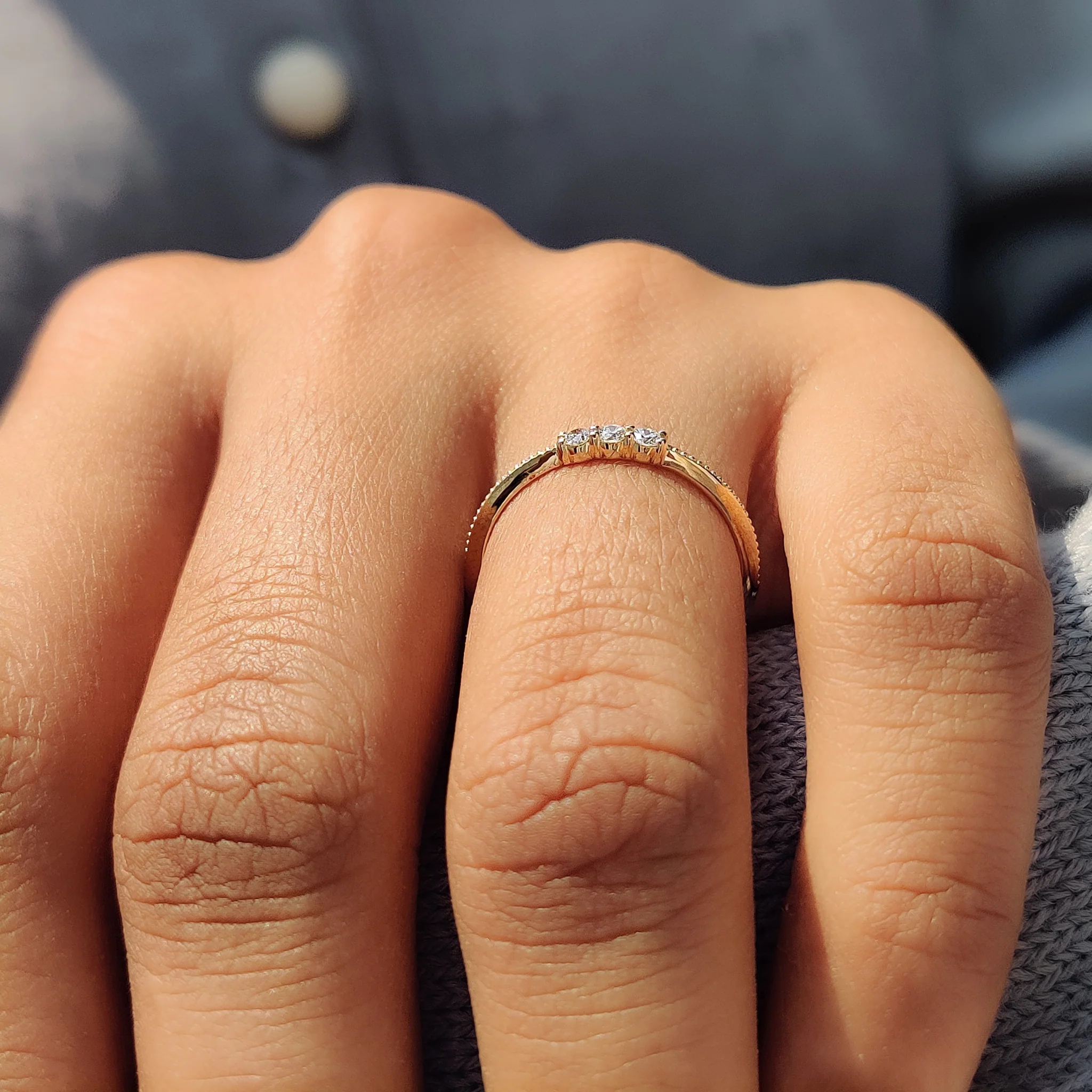 3 Stone Round Cut Diamond Milgrain Wedding Band - Image 3