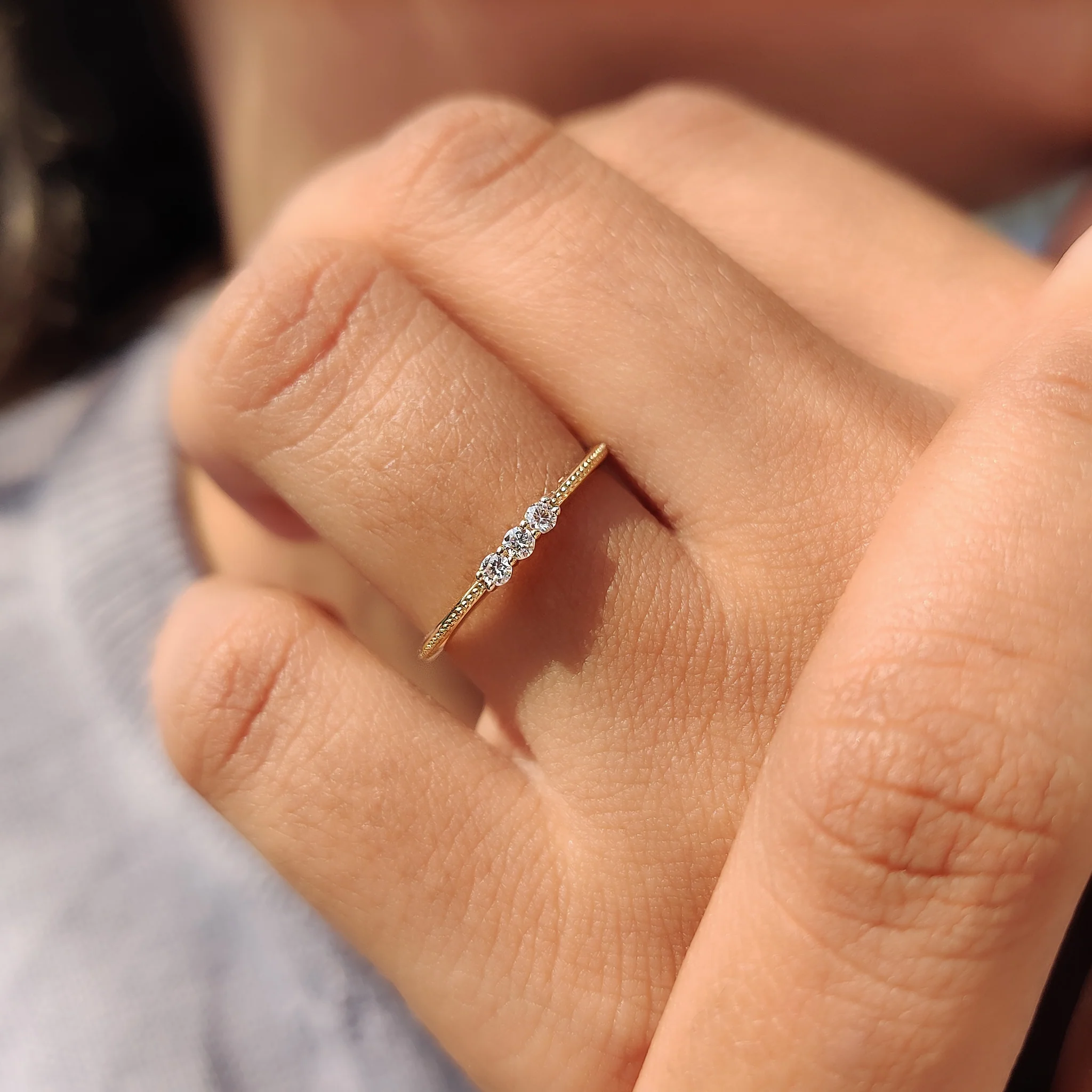 3 Stone Round Cut Diamond Milgrain Wedding Band - Image 5