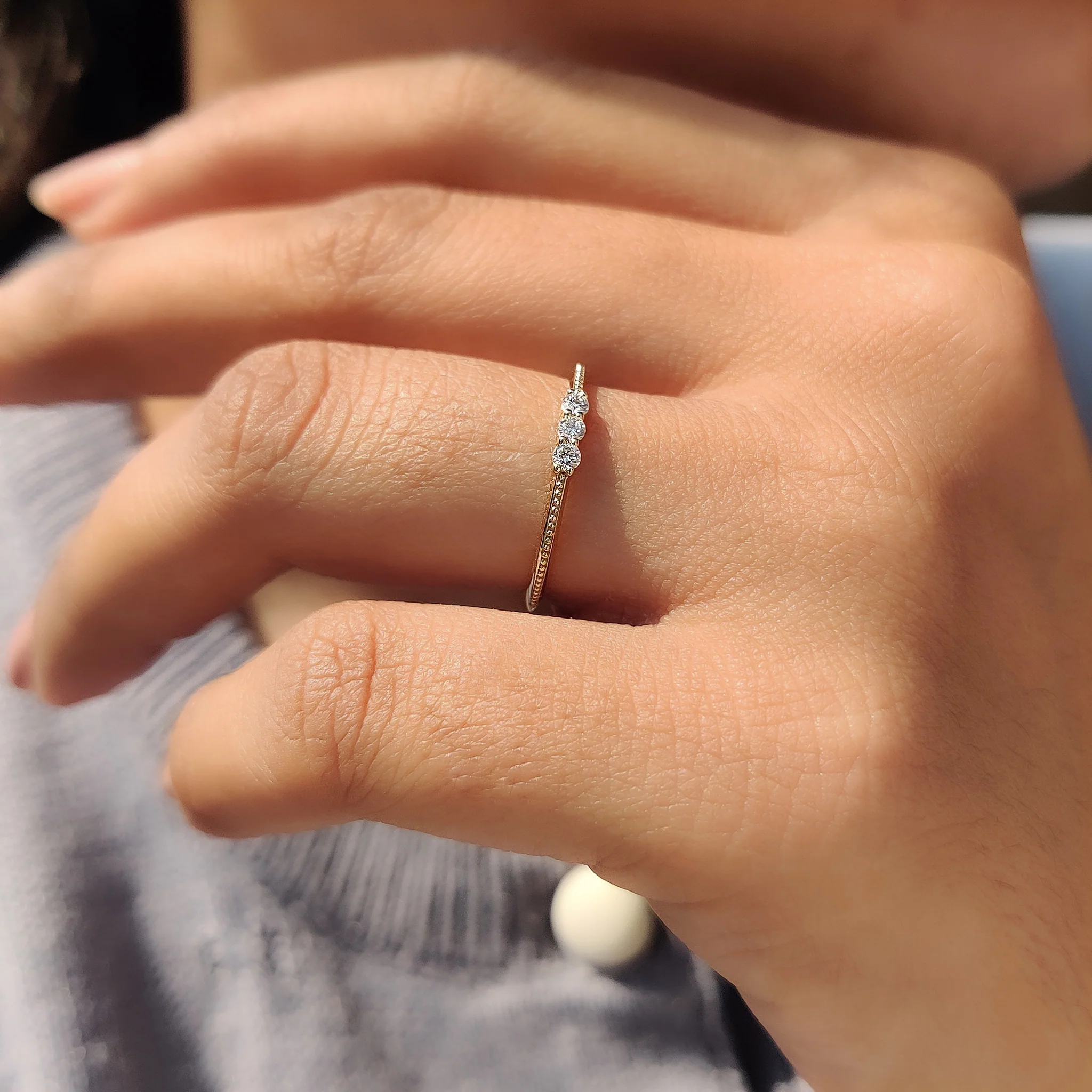 3 Stone Round Cut Diamond Milgrain Wedding Band - Image 7