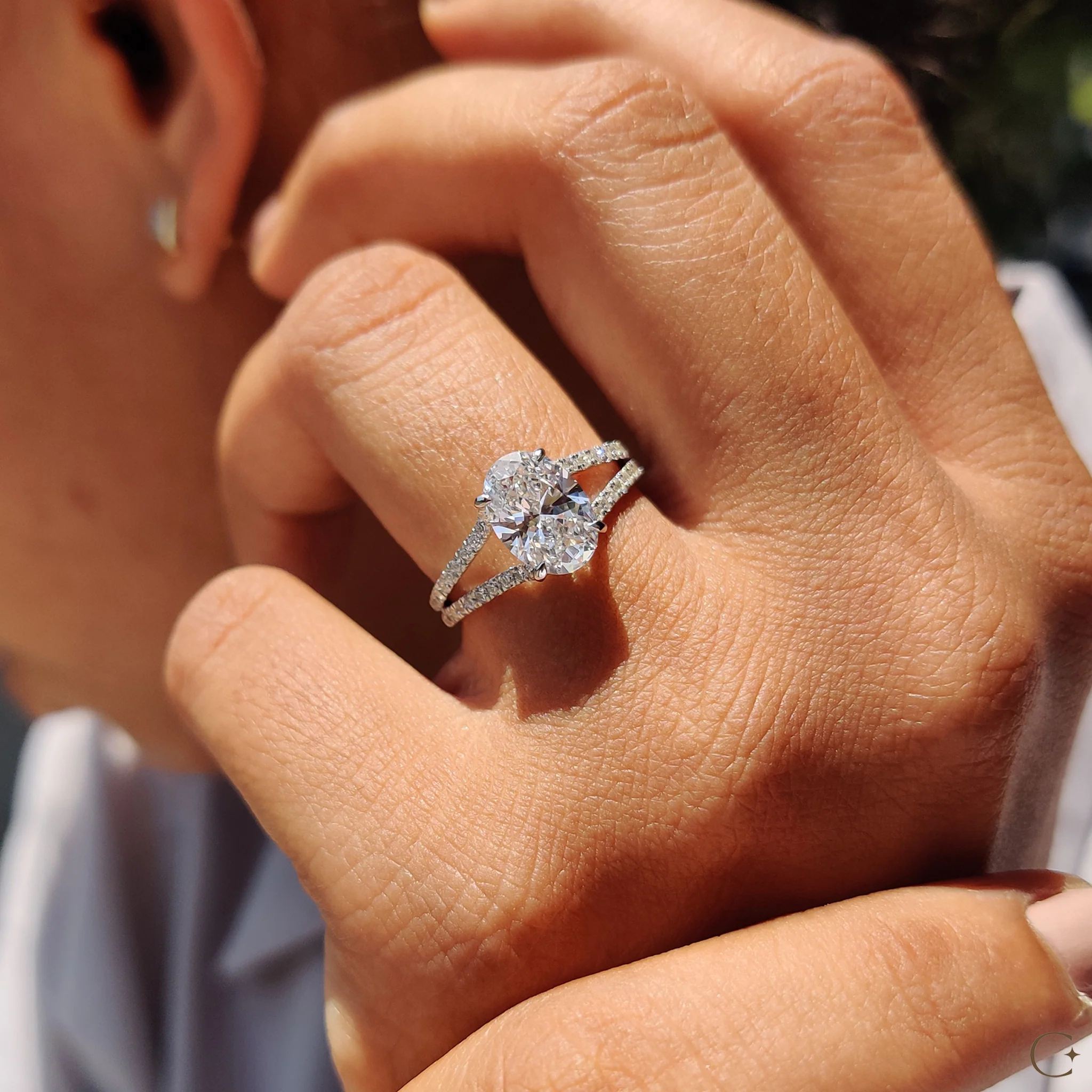 Oval Shaped Engagement Ring with Split Pave Band - Image 3