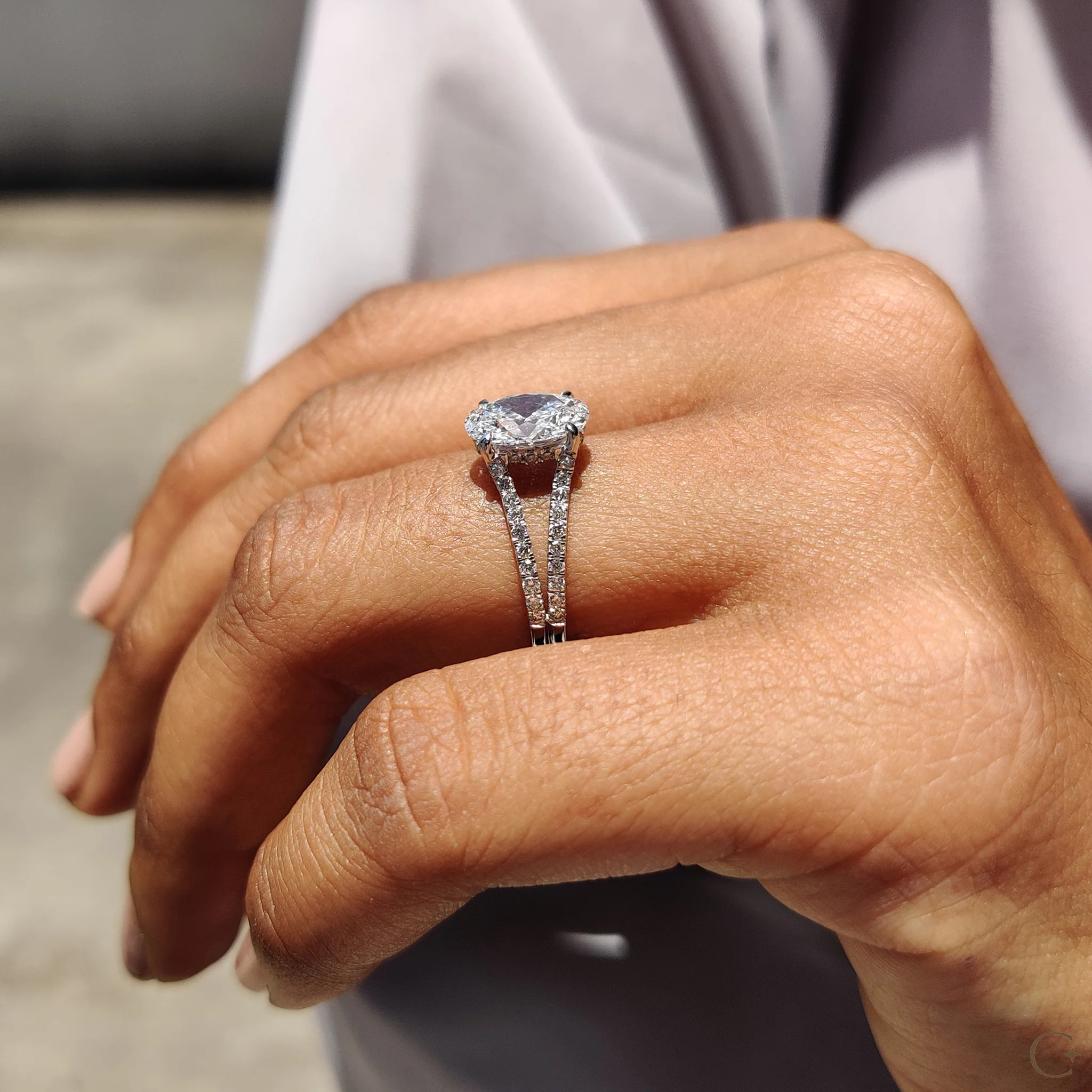 Oval Shaped Engagement Ring with Split Pave Band - Image 4