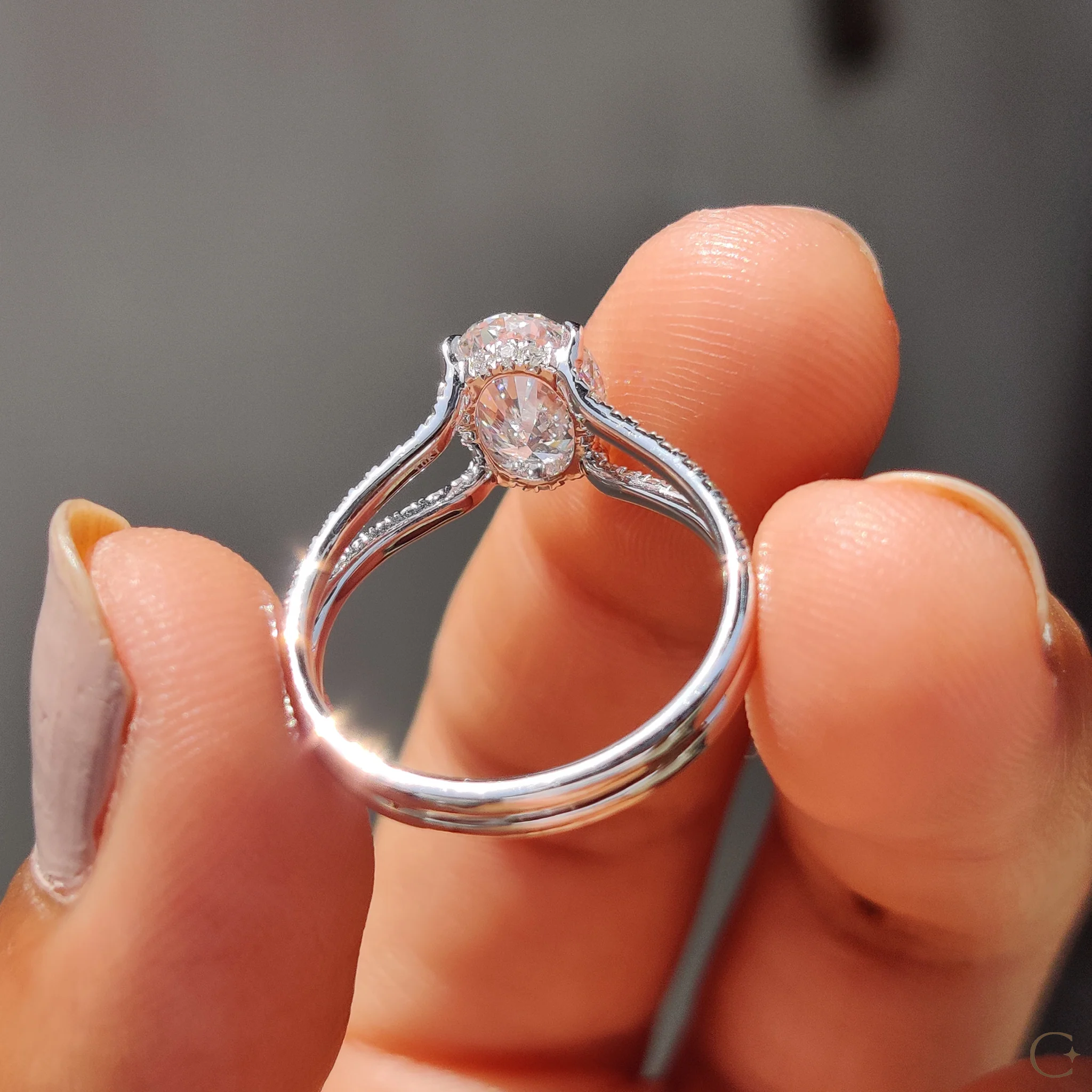 Oval Shaped Engagement Ring with Split Pave Band - Image 8