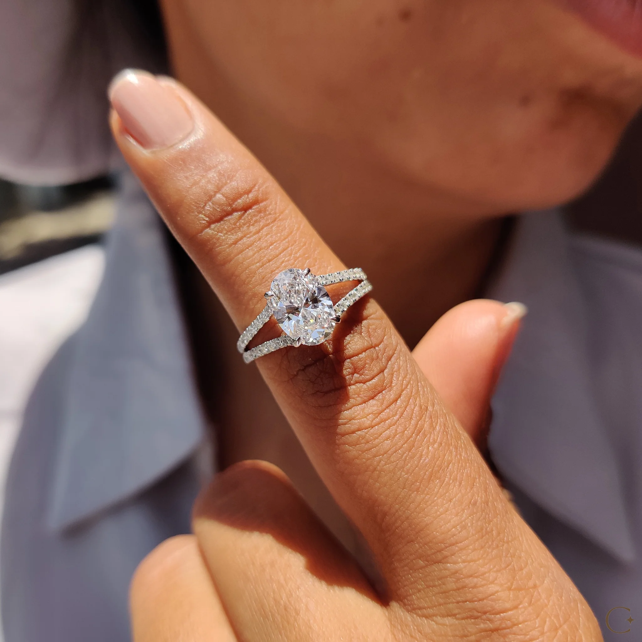 Oval Shaped Engagement Ring with Split Pave Band - Image 9