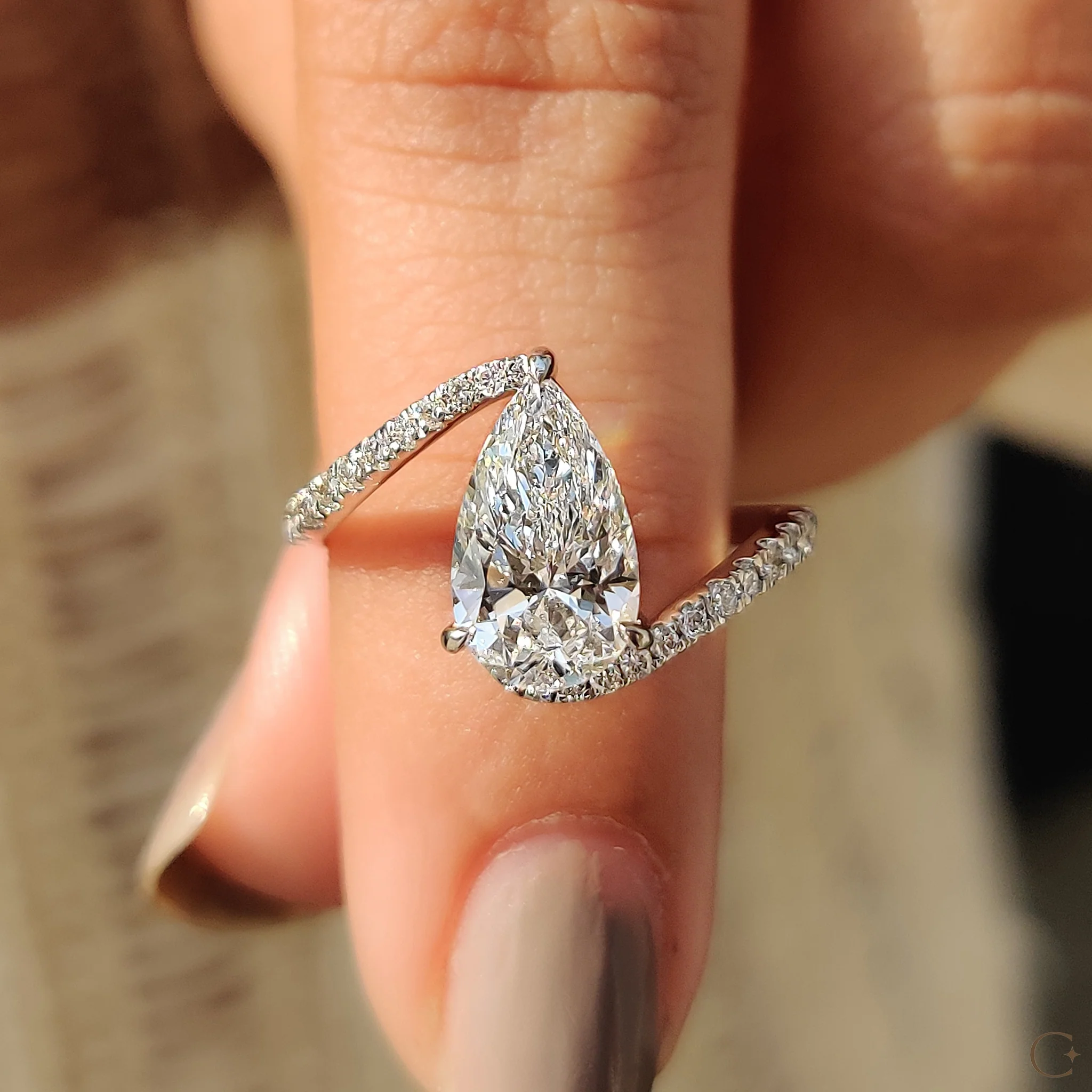Pear Diamond Engagement Ring In Bypass Pave Setting - Image 7