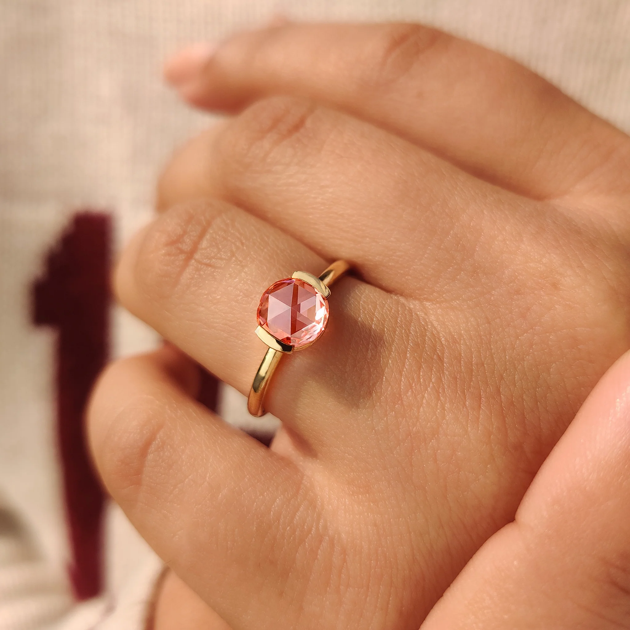 Pink Round Rose Cut Diamond Solitaire Engagement Ring - Image 6