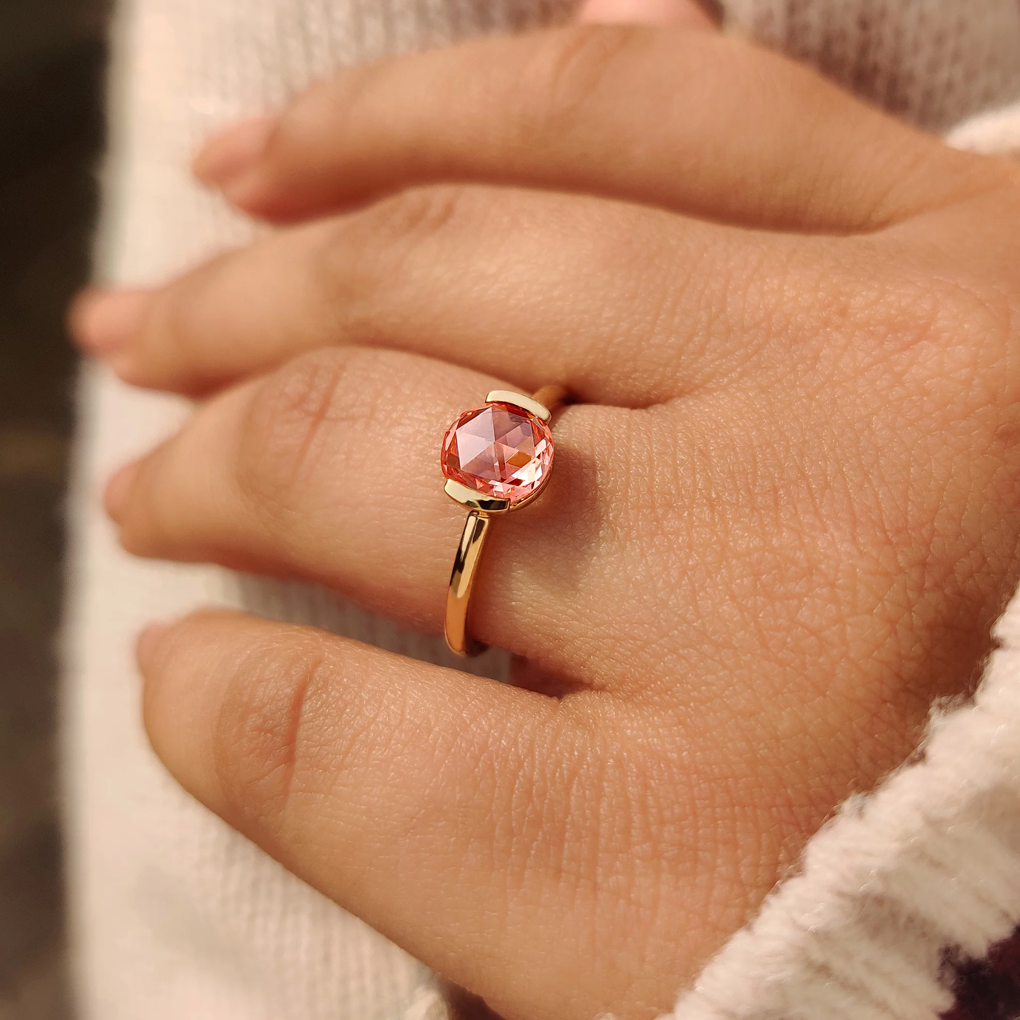 Pink Round Rose Cut Diamond Solitaire Engagement Ring - Image 9