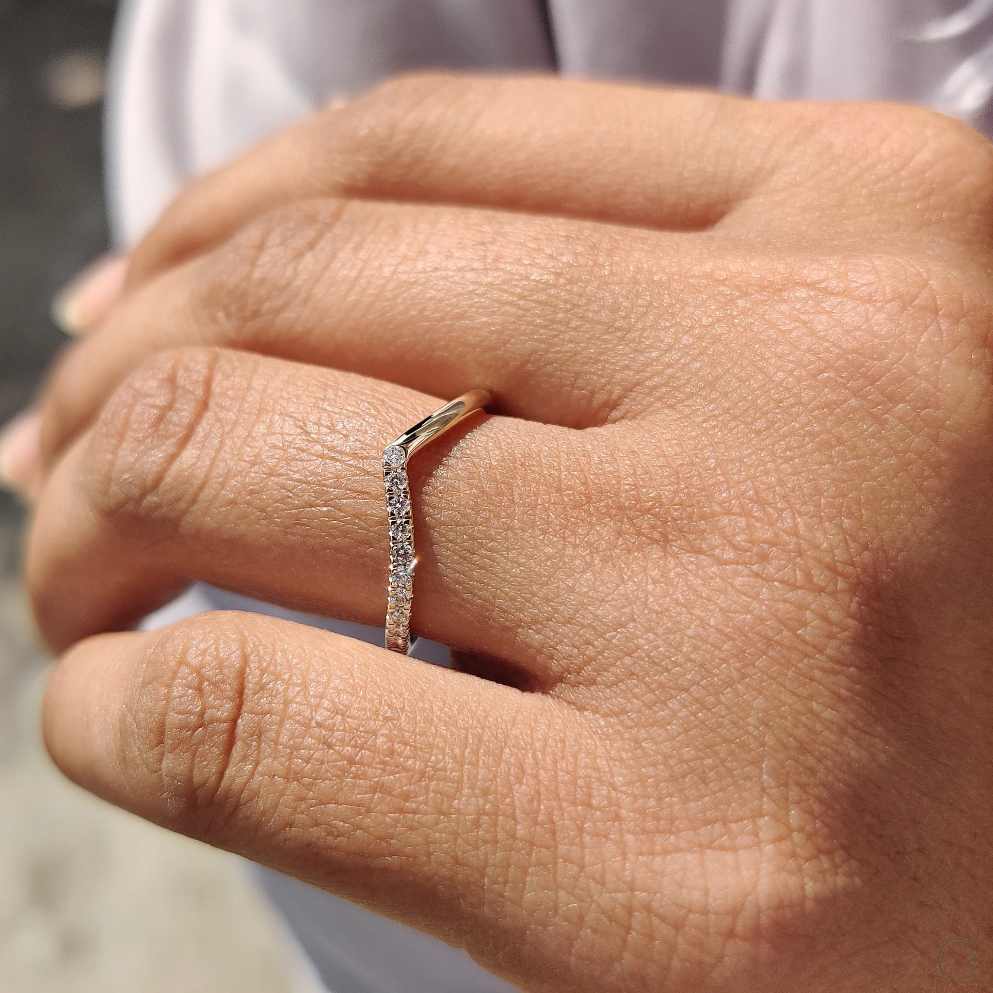 V Shaped Wedding Band with Classic Round Diamond - Image 8